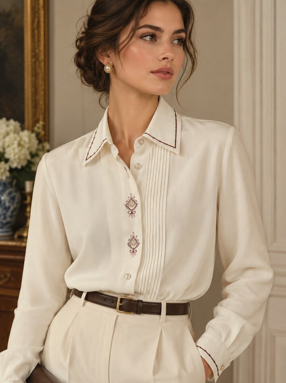Vintage Old Money Quiet Luxury Pleated Embroidered Beaded Button Blouse Top